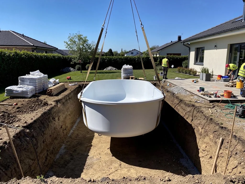Piscine coque polyester déposée à la grue dans sa fouille