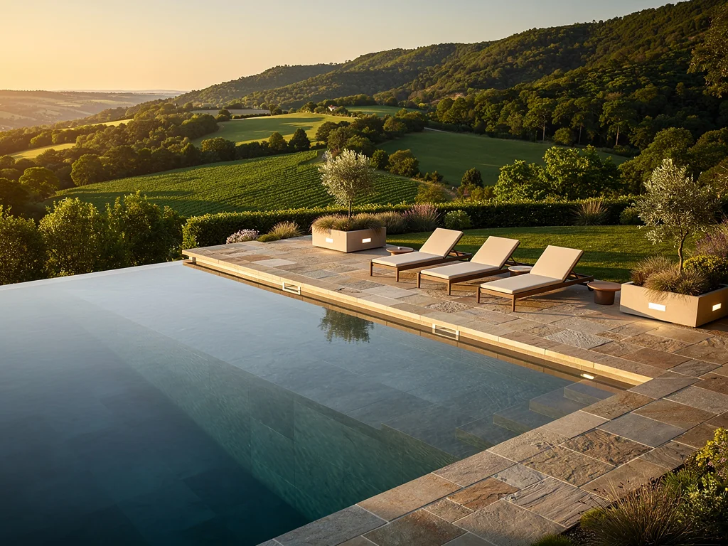 Piscine à débordement surplombant un jardin paysager